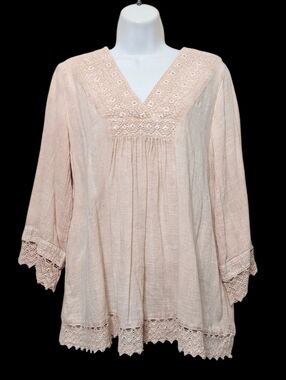 RACHEL ZOE Babydoll Boho Top Crochet Loose Lace Sparkle 100% Cotton Sz L